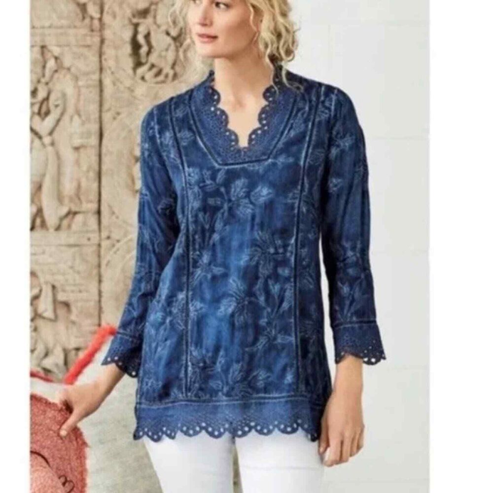 Soft Surroundings Deidre Blue Lace Tunic Blouse Top Women's Sz M